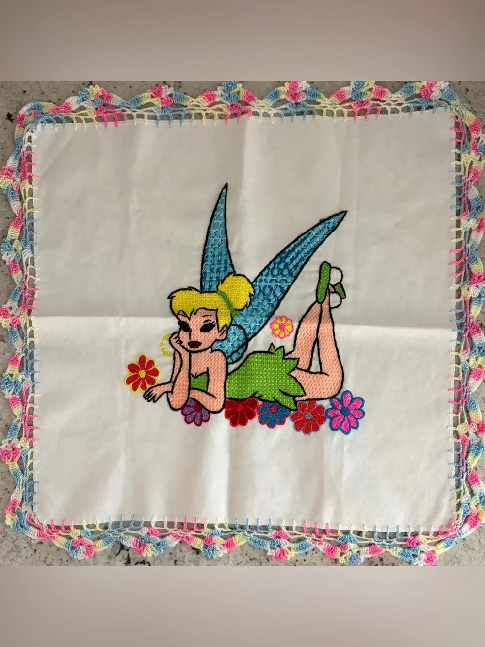 VTG Tinkerbell Hand Embroidered Fairy with Colorful Crochet Edge